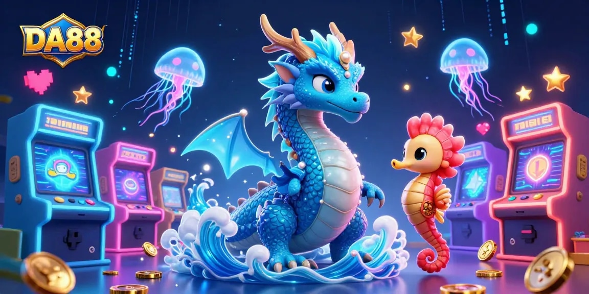 Experience DA88 with vibrant 3D casino illustrations of a dragon, knight, and jellyfish amid gaming elements.