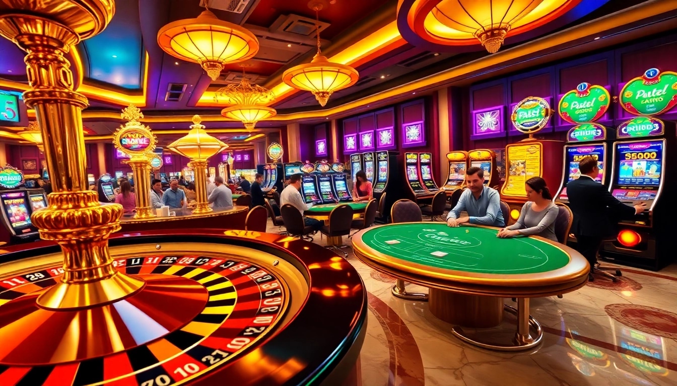 Experience the excitement of gambling at https://nohu90.ac/ in a vibrant casino setting, showcasing players at roulette and poker tables.