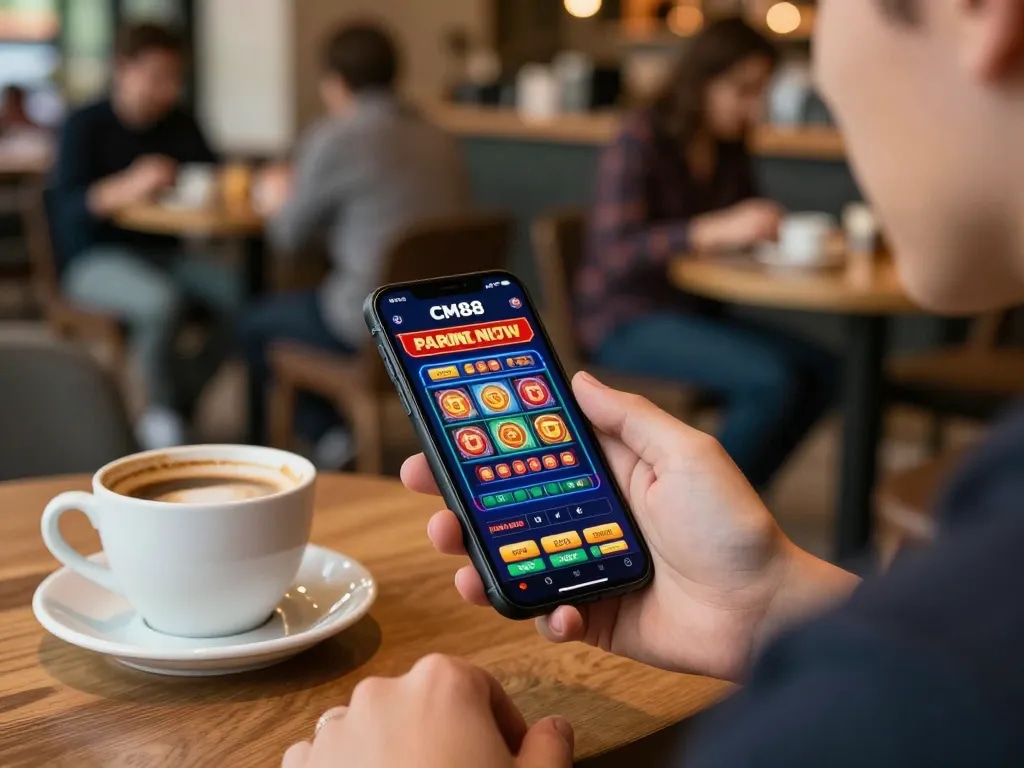 Player engaging with CM88 mobile casino app at a café, showcasing modern gambling convenience
