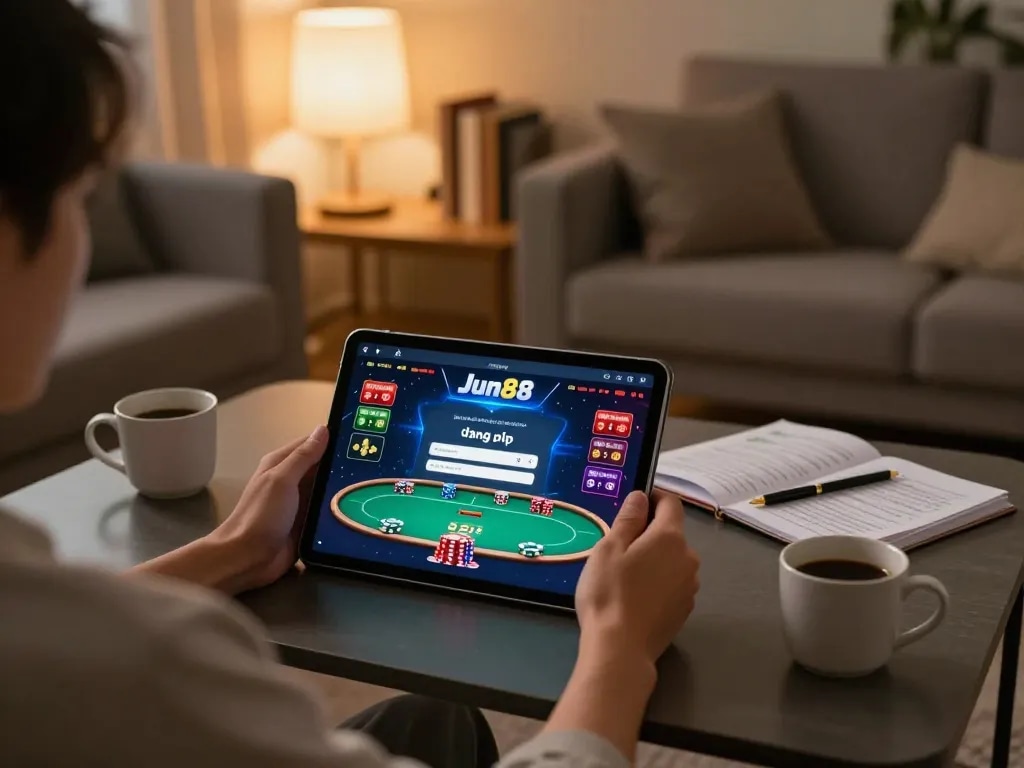 Engaging in online gaming via Jun88 đăng nhập on a tablet in a cozy living room setting.