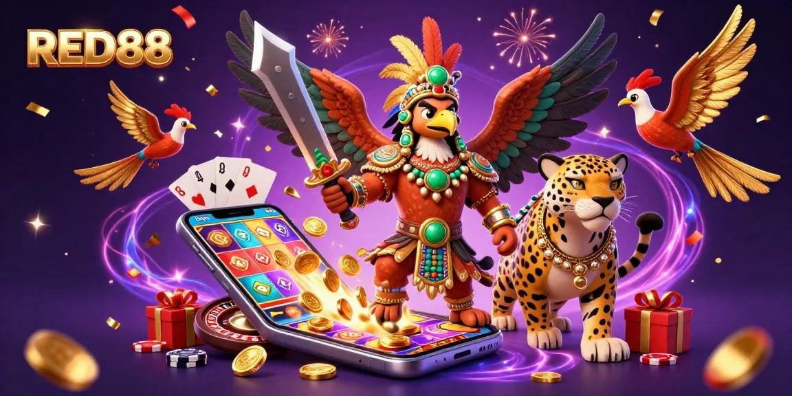 Celebrate wins at RED88 with this vibrant 3D casino scene featuring dynamic game elements.