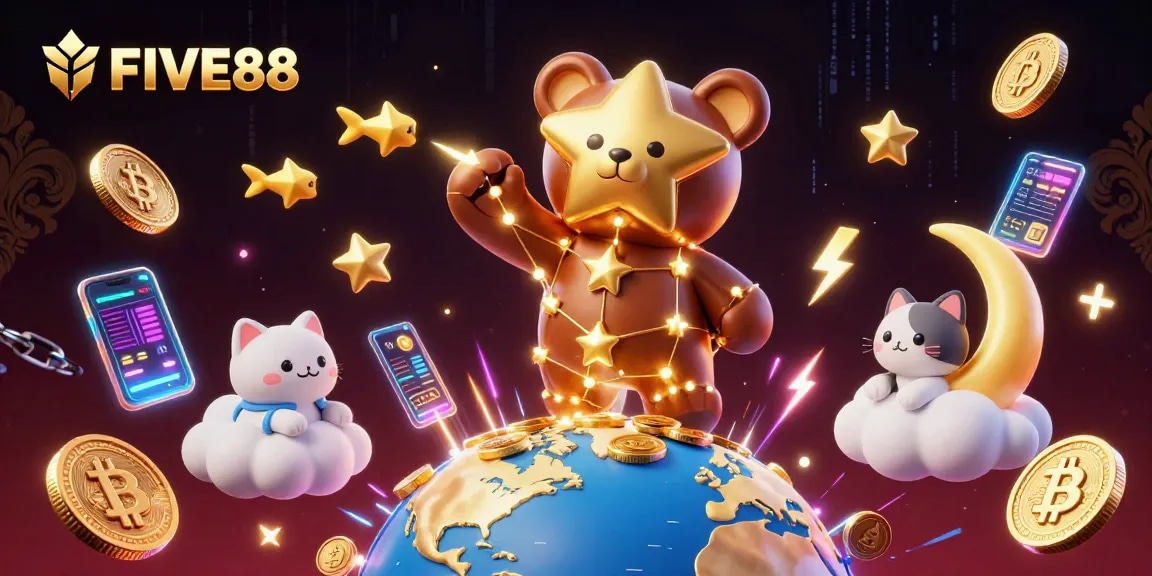 Engage with FIVE88 through vibrant 3D casino illustration depicting the constellation bear and crypto elements.