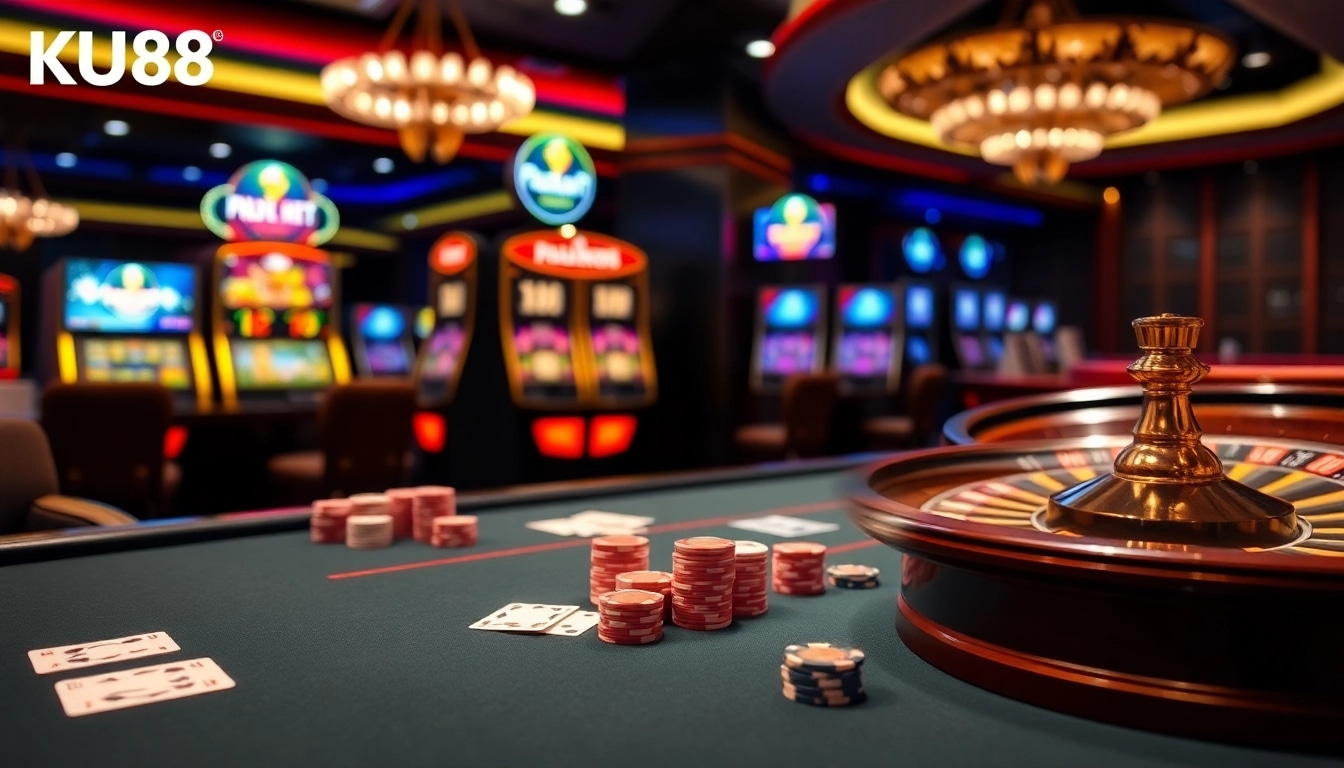 Engaging scene of KU88 casino with vibrant slot machines and poker table showcasing thrilling gameplay.