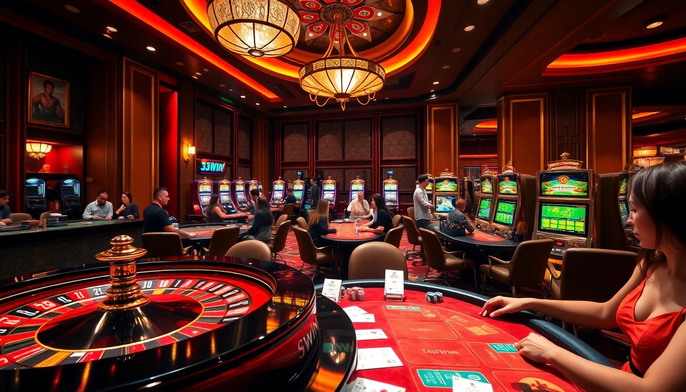 Players enjoying vibrant casino games with high stakes at 33WIN's luxurious gaming area.