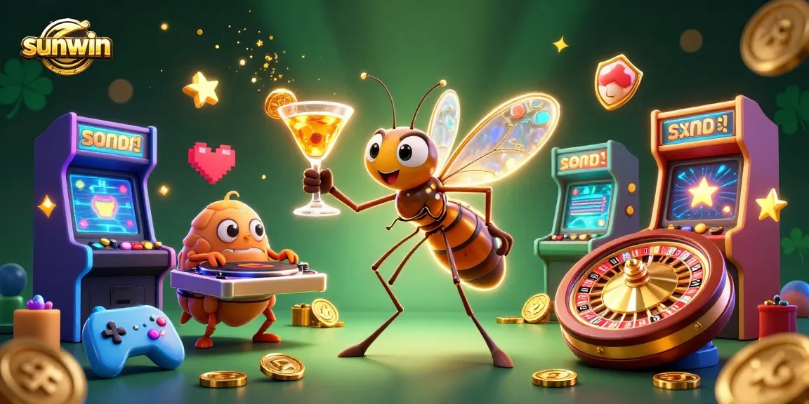 Experience the sunwin excitement with a vibrant casino scene featuring a mascot, DJ, and roulette wheel.