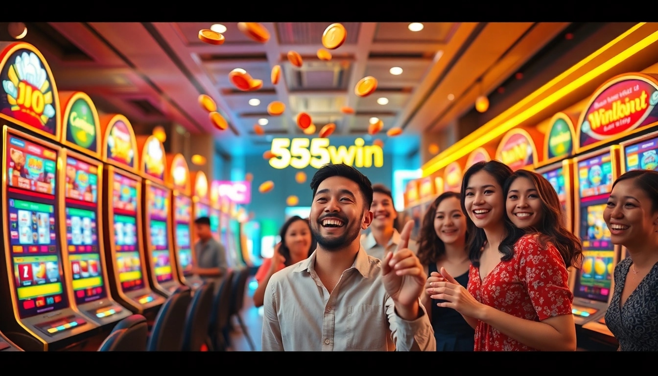 Exciting winners celebrating at a lively 555win casino scene with colorful slot machines and flying coins.