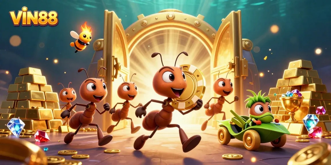 Ants heist for gold poker chip in dynamic VIN88 casino illustration, sparkling treasures around.