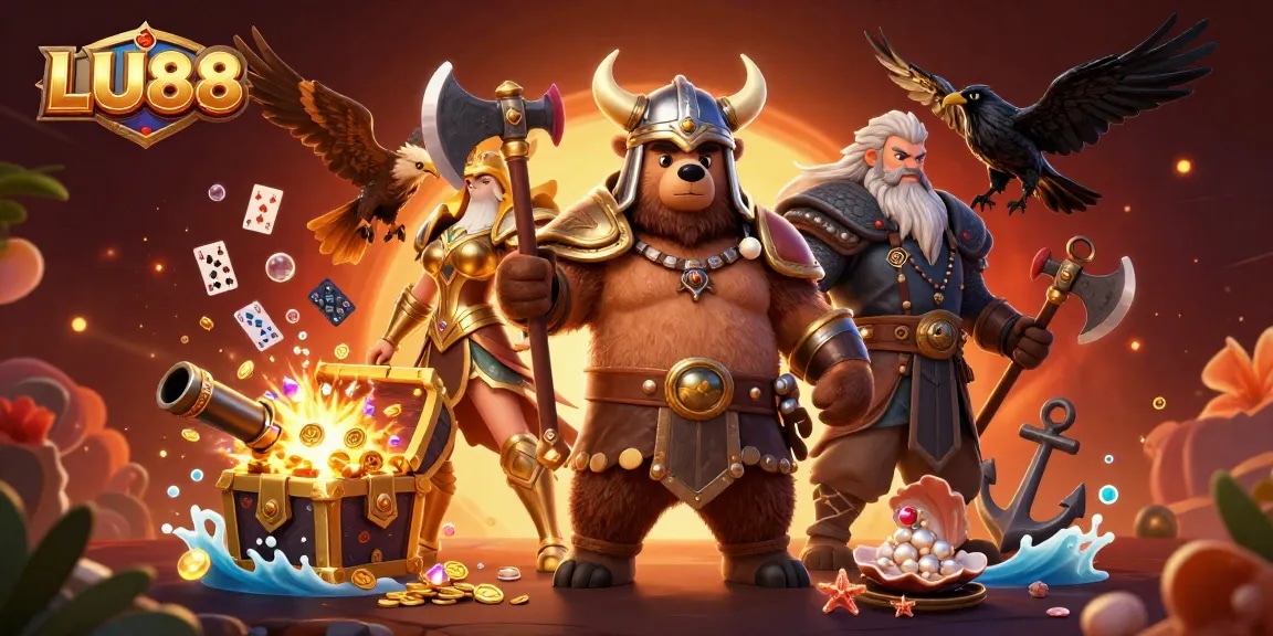 LU88 promotes excitement with a dynamic 3D illustration showcasing rich treasure and thrilling gaming elements.