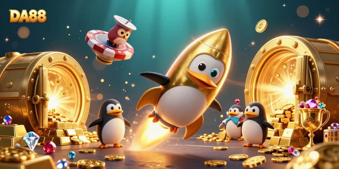 Experience DA88 as a dynamic penguin blasts through space to a casino poker chip station.