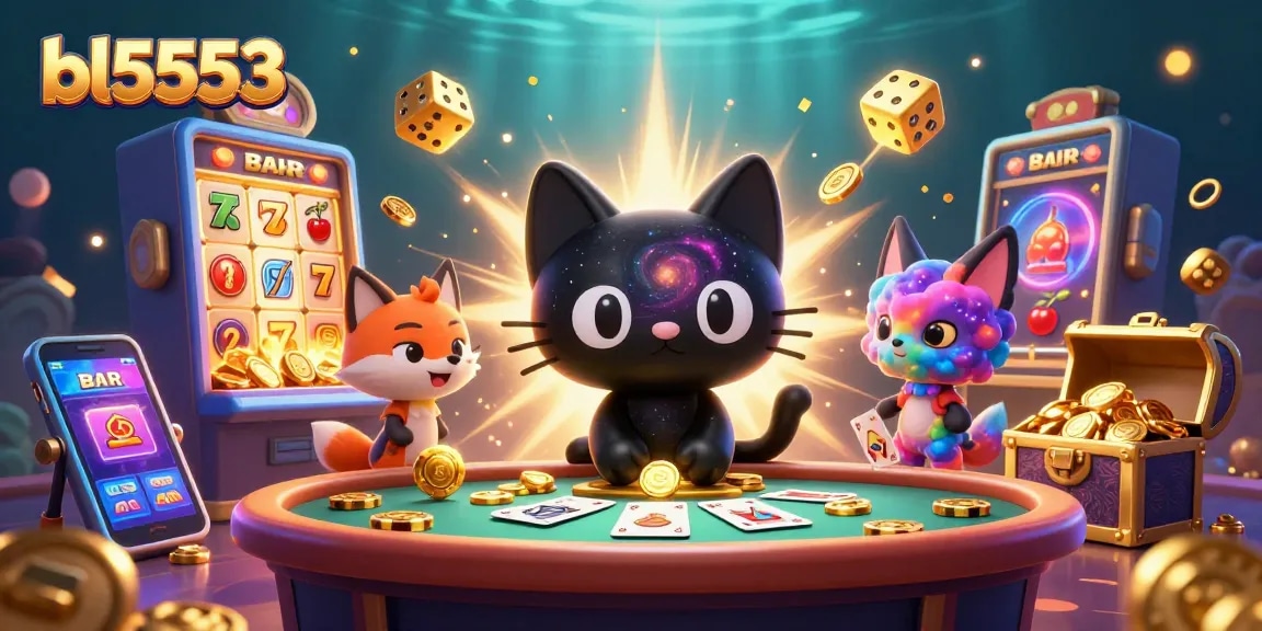 Engage with the vibrant bl5553 casino world, featuring a cosmic cat and dynamic slot machine action.