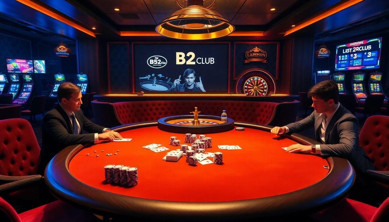 B52 Club poker table scene showcasing luxury gambling with professional players and vibrant game elements.