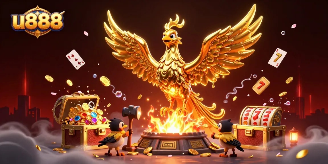 Experience the excitement of u888 with a golden phoenix and dynamic casino elements in a vibrant illustration.