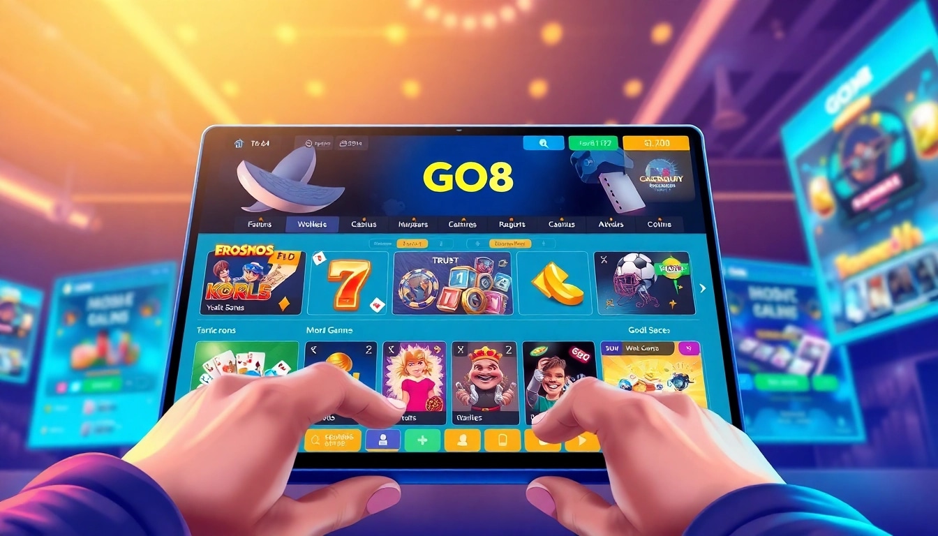 Interactive GO8 online gambling platform showcasing various casino games and enticing promotions.