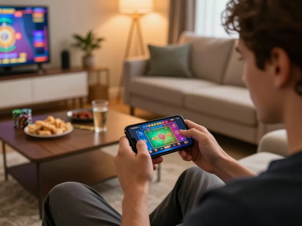 Engaging in khuyến mãi 6789 while enjoying a mobile casino experience at home, showcasing vibrant game graphics on smartphone.