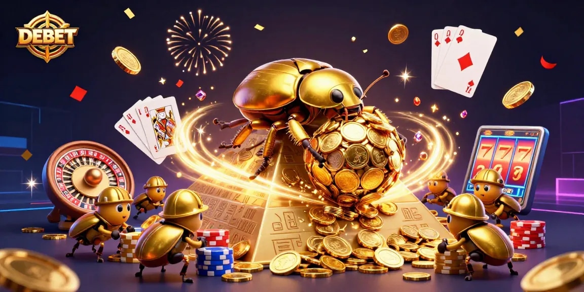 Engage with DEBET for thrilling casino experiences featuring a vibrant scene of golden beetles amidst riches.