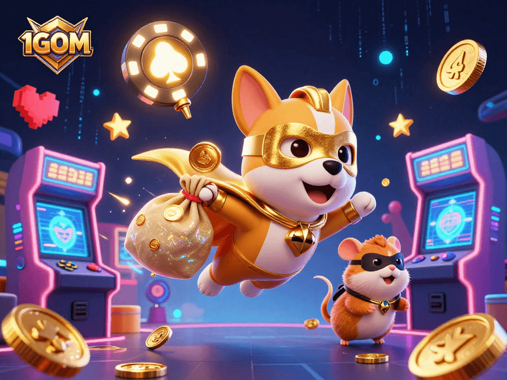 Engage in thrilling action with 1GOM as a superhero dog heroically flies, bringing casino excitement to life.