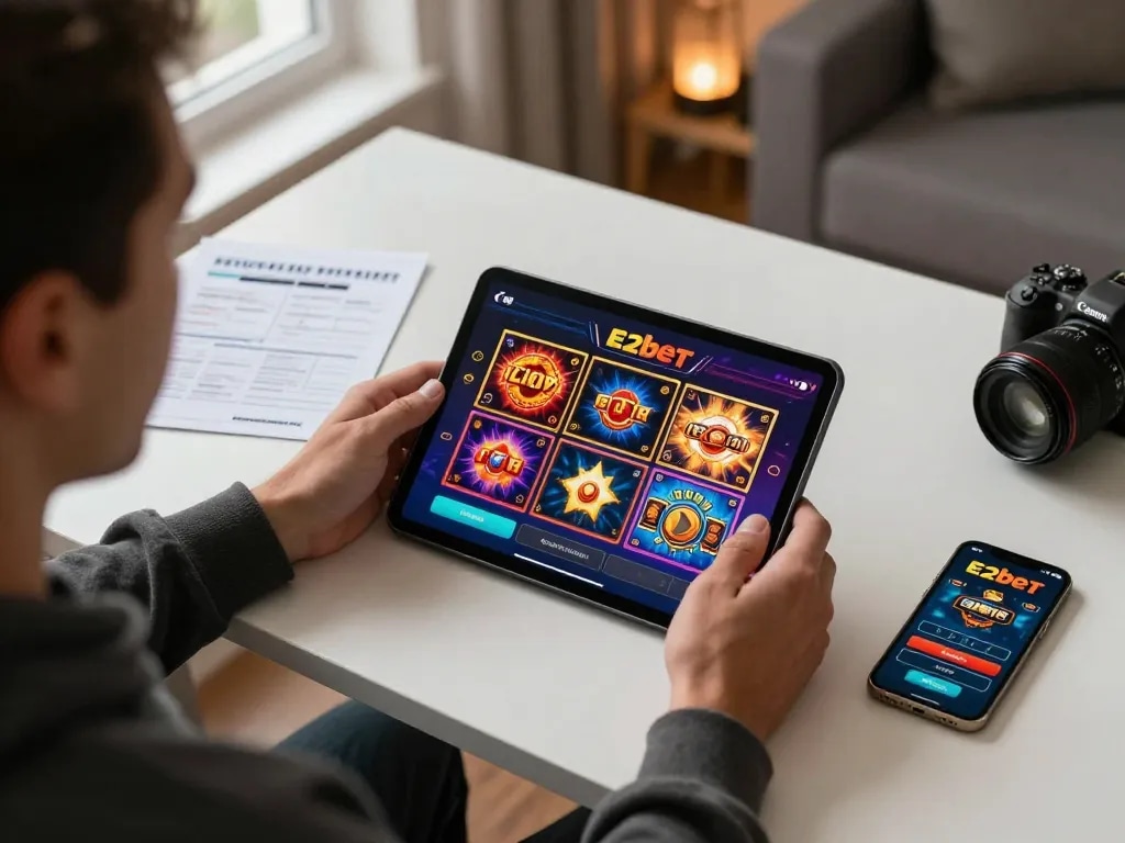 Player enjoying E2bet online casino app on a tablet in a cozy home setup, reflecting a responsible gambling experience.