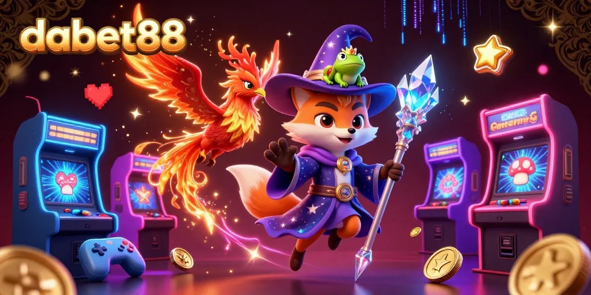 dabet88 casino with a wizard fox, phoenix, and vibrant gaming elements in a rich 3D illustration