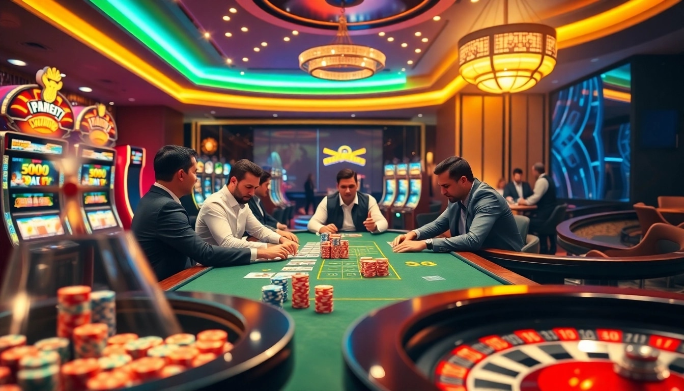 A dynamic casino scene from https://s8s8.org/ showcasing vibrant poker chips and engaged players at an elegant gambling table.