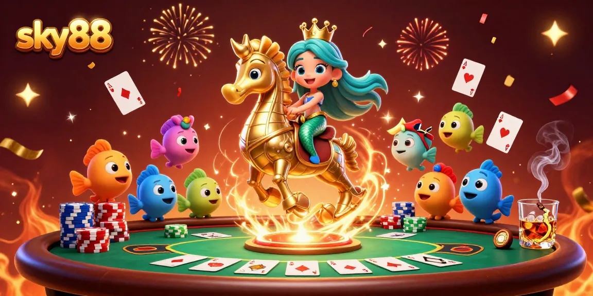 sky88 showcases a vibrant scene of a mermaid princess and companions playing poker with colorful chips and festive elements.