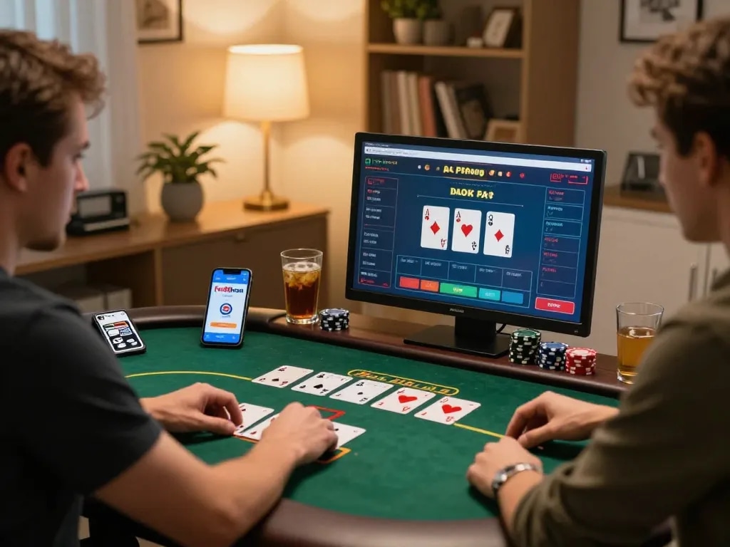 Player enjoying online gaming on Fm88 com with live dealer interface in a cozy home setting