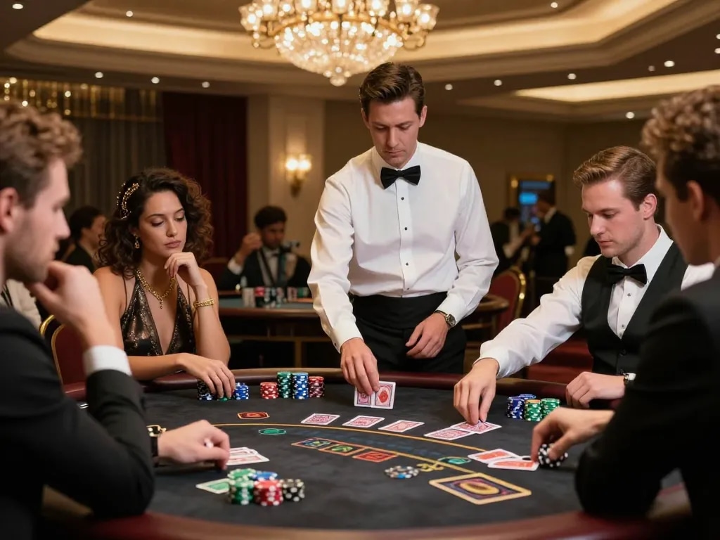 Experience thrilling blackjack action at a prestigious casino, with players engaged in strategy and decision-making.