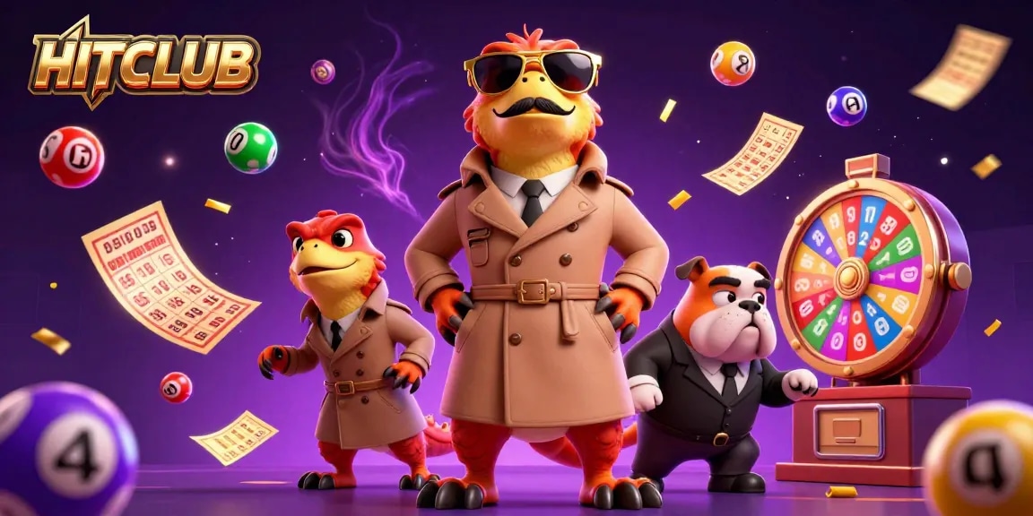 Join the fun at HITCLUB, featuring vibrant lottery elements amidst a playful casino scene.