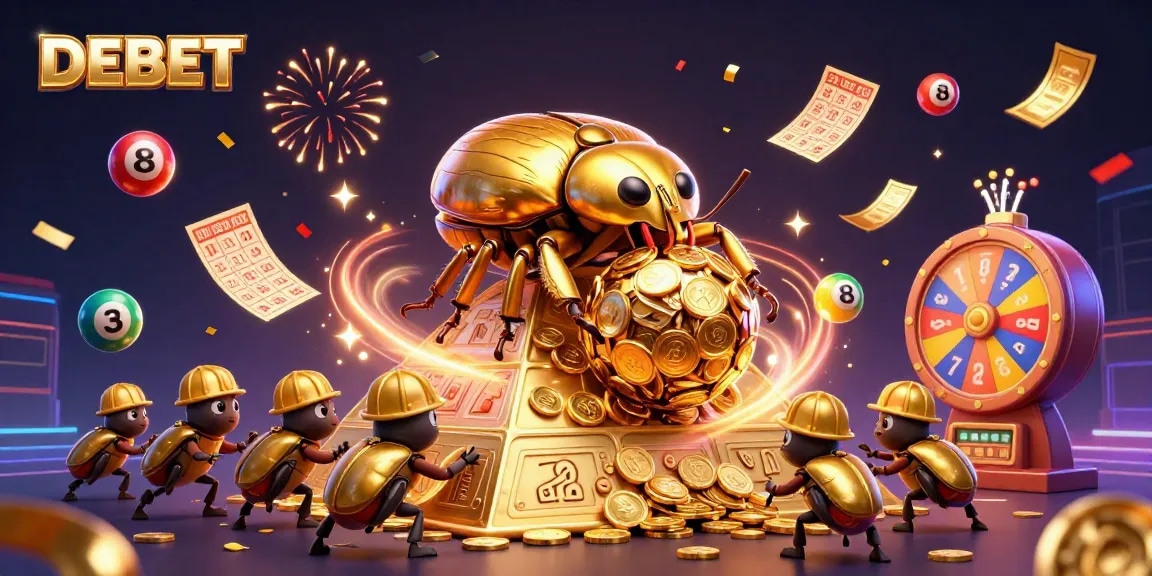 DEBET captures players' attention with a dynamic jackpot scene filled with gold coins and lottery excitement.