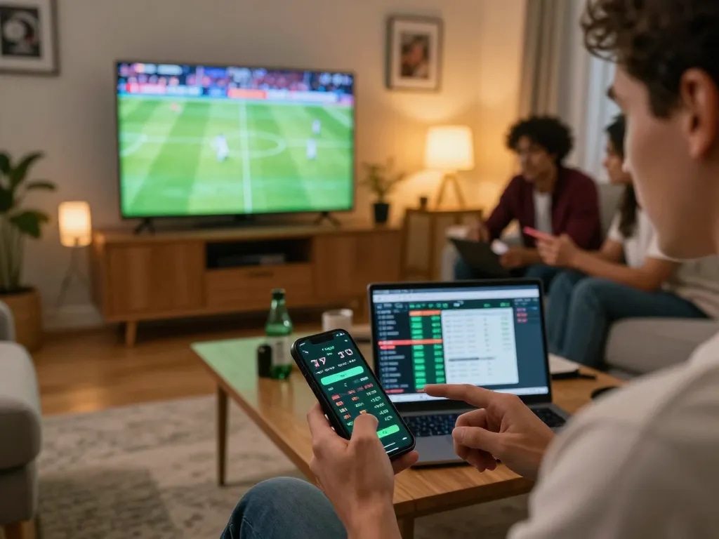A person betting on uu88 com sports app while watching a match, showcasing exciting gaming experience.