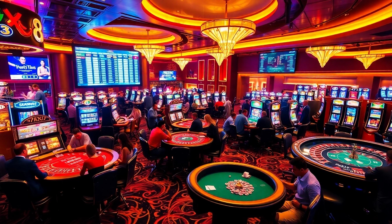 Players enjoying games at 8XX casino, showcasing vibrant tables and engaging gambling atmosphere.