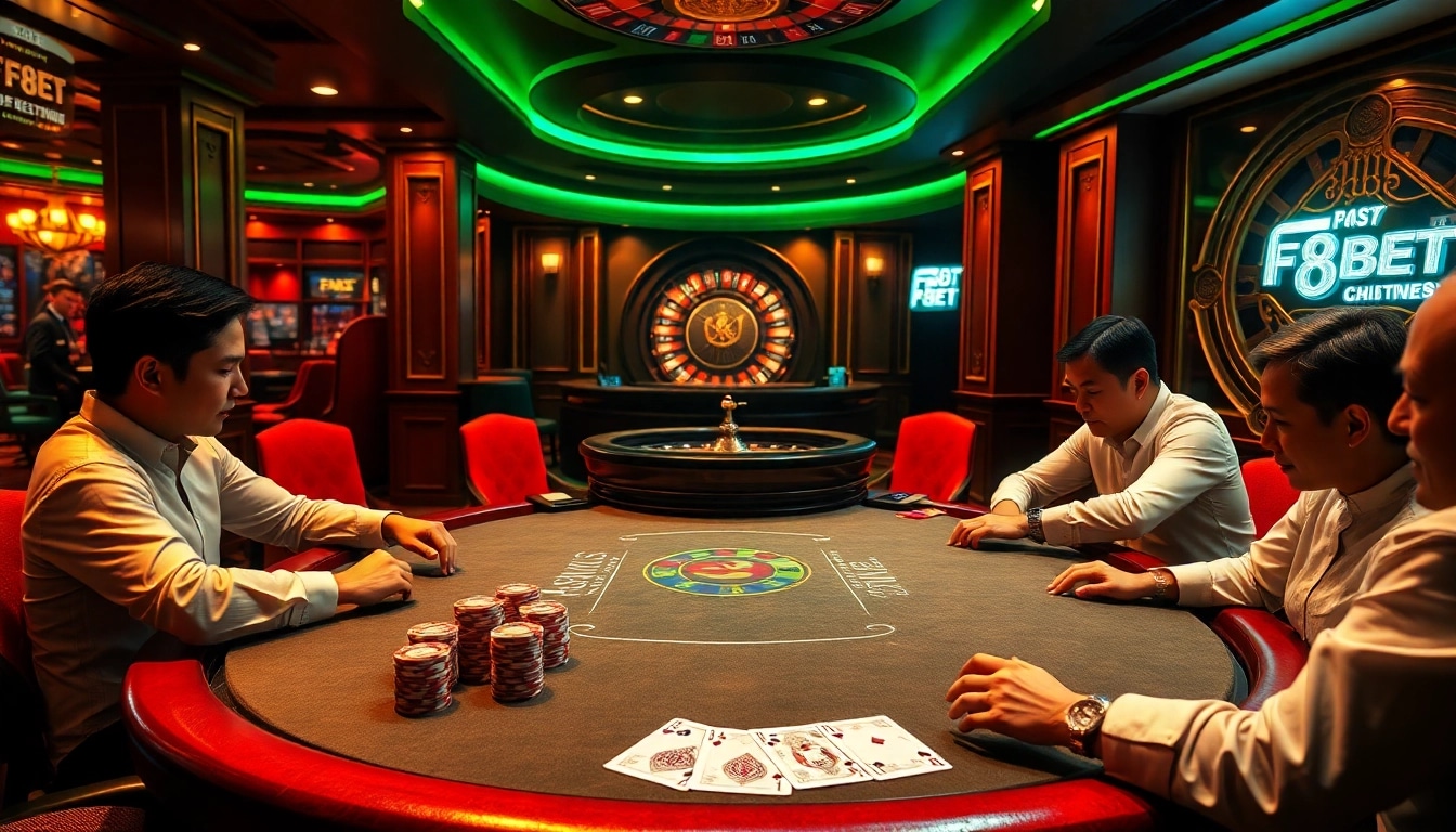 Exciting poker players enjoying their game at F8BET casino, with vibrant chips and cards.