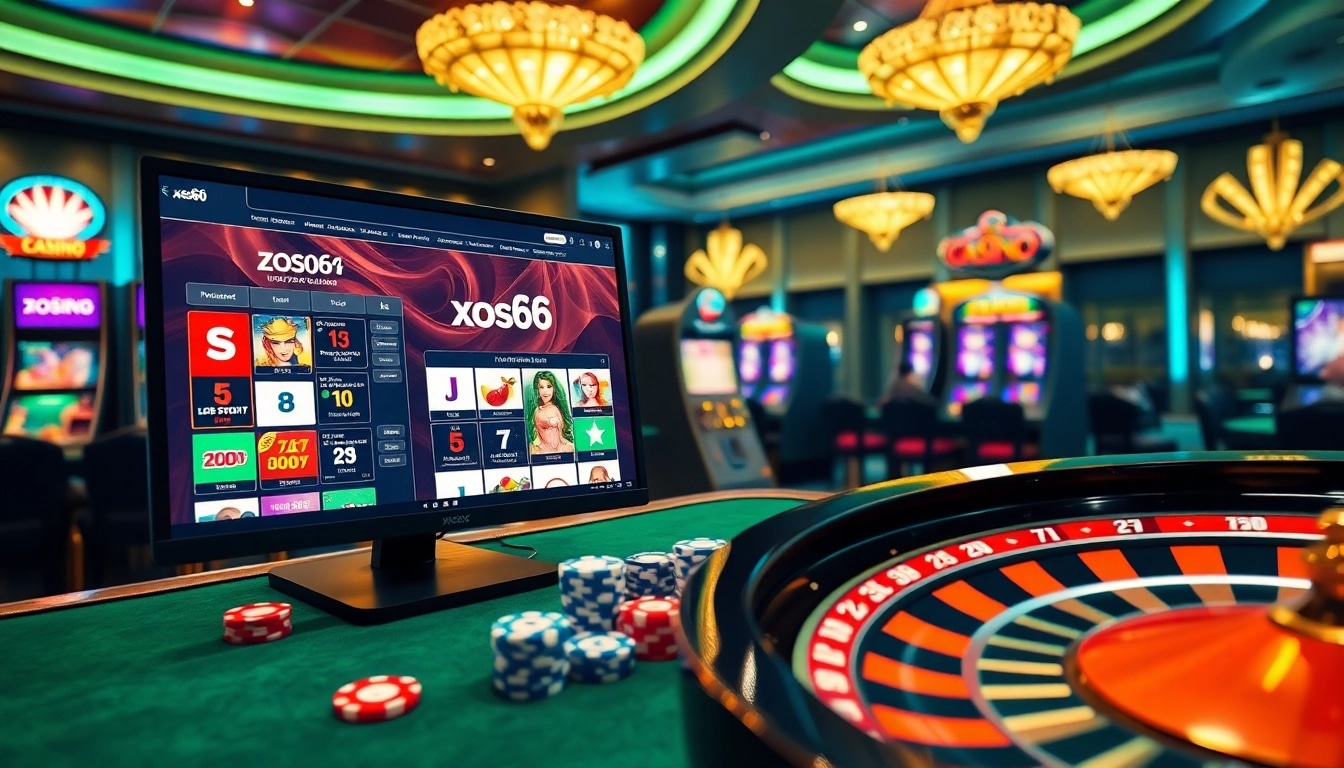 A vibrant online gambling scene featuring xoso66, showcasing slot machines, poker chips, and roulette for excitement and luxury.