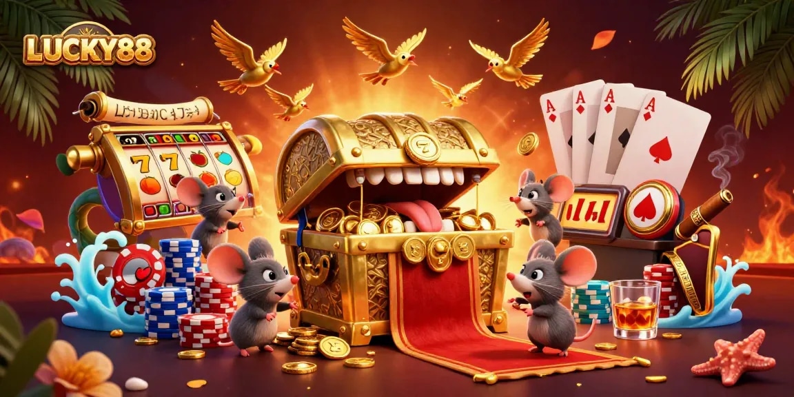 Experience the excitement of LUCKY88 with colorful slot reels and dynamic casino elements.
