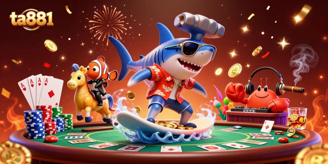 Experience the excitement of ta881 with a lively scene featuring characters and poker game elements.