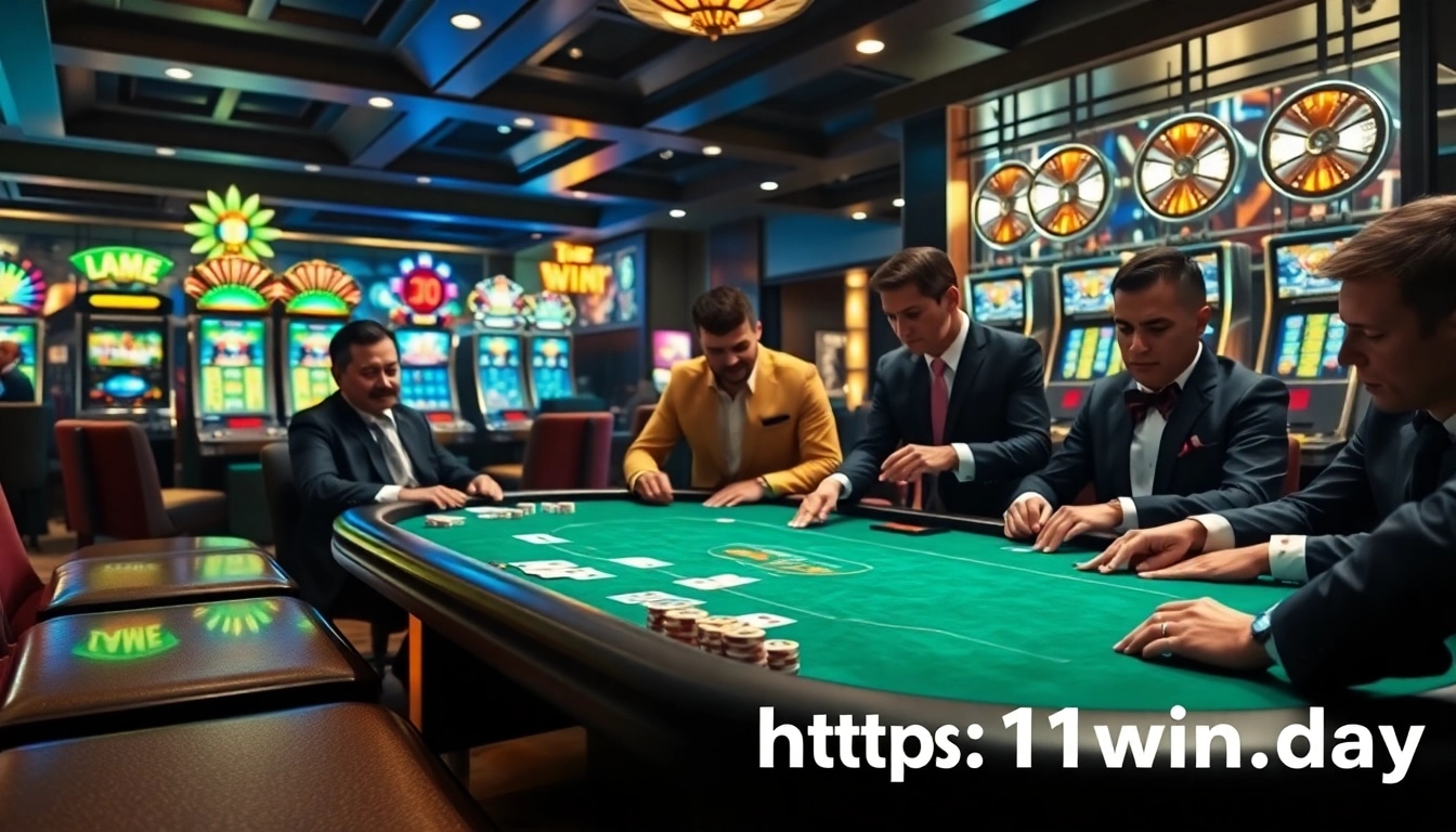 Experience thrilling gameplay with https://11win.day/ in a vibrant casino environment, featuring poker action and slot machines.
