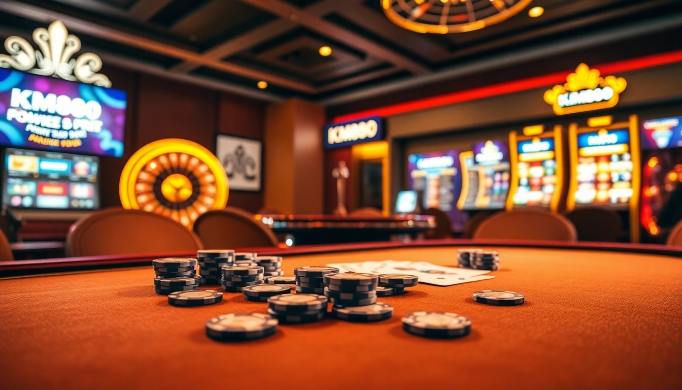 Experience the thrill of km88 gaming with a luxurious casino table, vibrant slot machines, and high-stakes excitement.