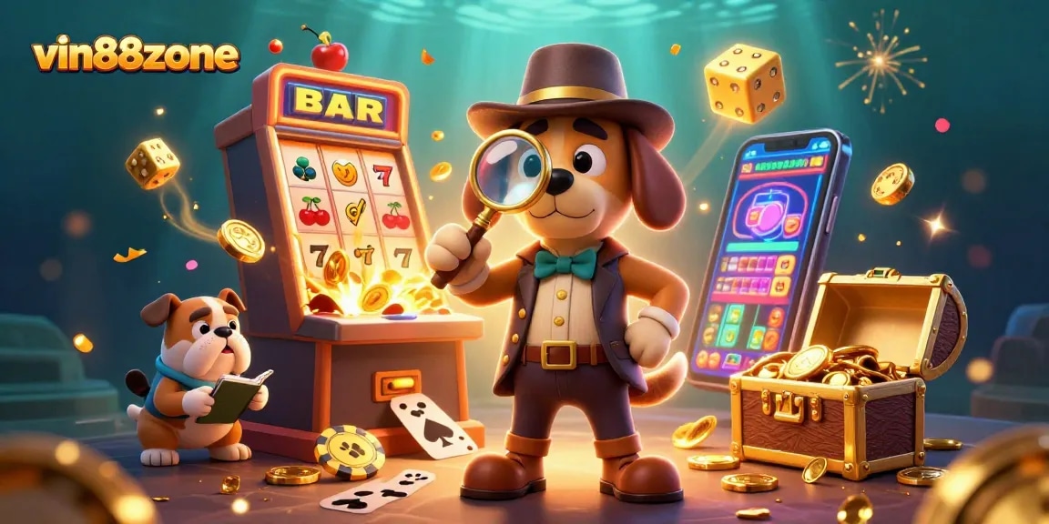 Experience winning at vin88zone with a detective on a treasure hunt, featuring vibrant casino elements.
