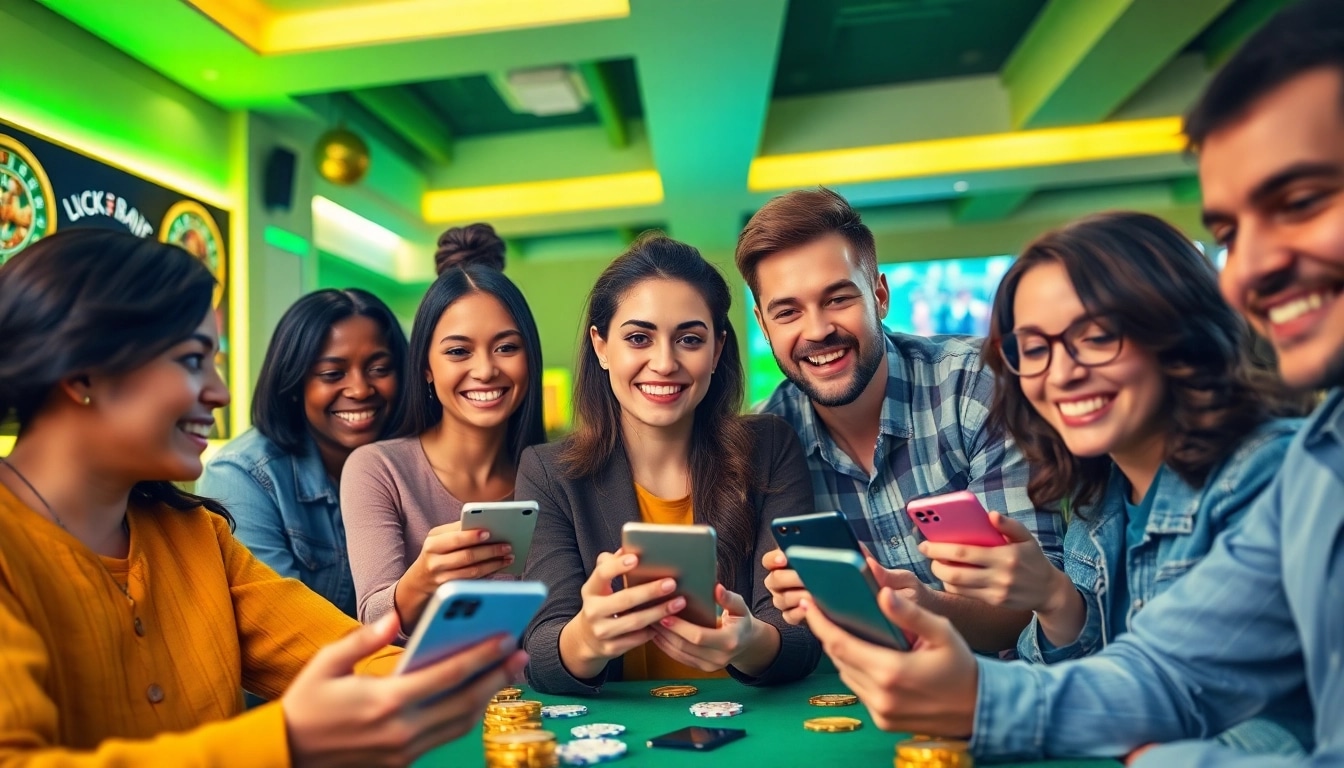 Engaging scene of diverse players enjoying online gambling at https://057789.com/ on various devices, showcasing excitement and user-friendliness.