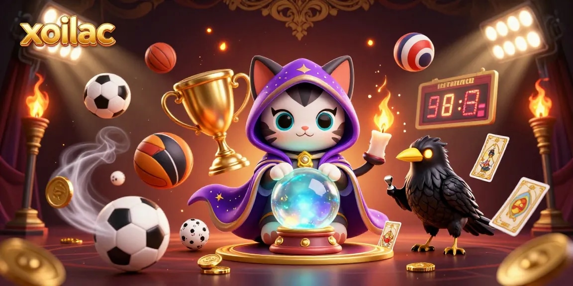 Experience exhilarating sports action with xoilac, showcasing a mystical cat and raven amidst glowing betting elements.