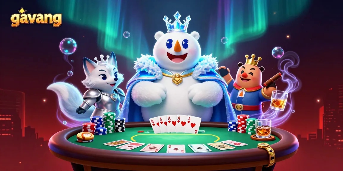 Engage in thrilling poker action with gavang's vibrant illustration featuring an ice king and snow fox.