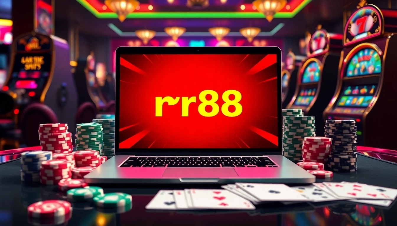 Gamblers engaging with the rr88 link on a sleek laptop surrounded by poker chips and casino elements.
