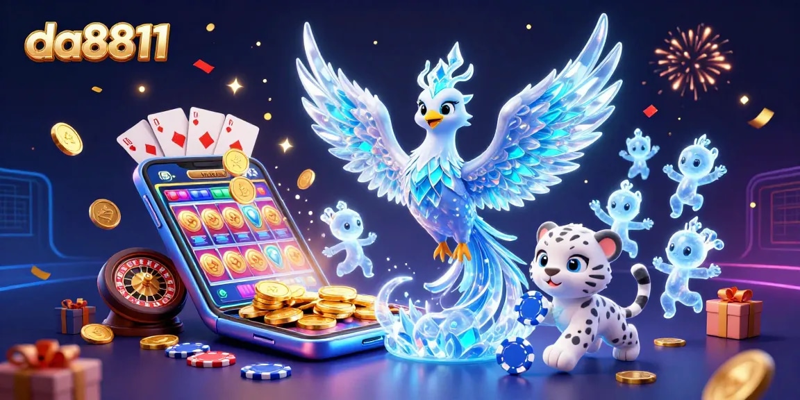 Join the excitement with da8811, a vibrant 3D scene of a phoenix, snow leopard, and ice sprites amidst casino elements.