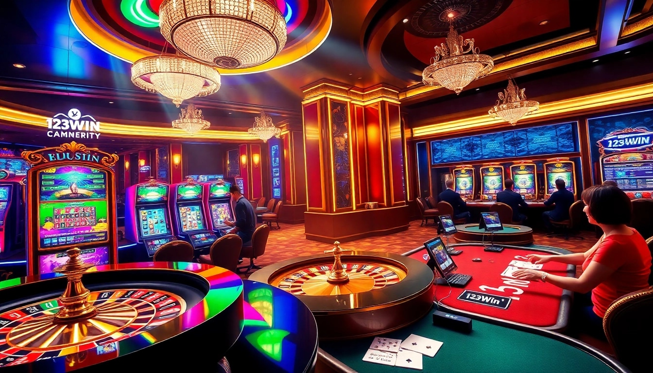 Experience the thrill of 123Win with an elegant casino scene showcasing exciting games and vibrant action.