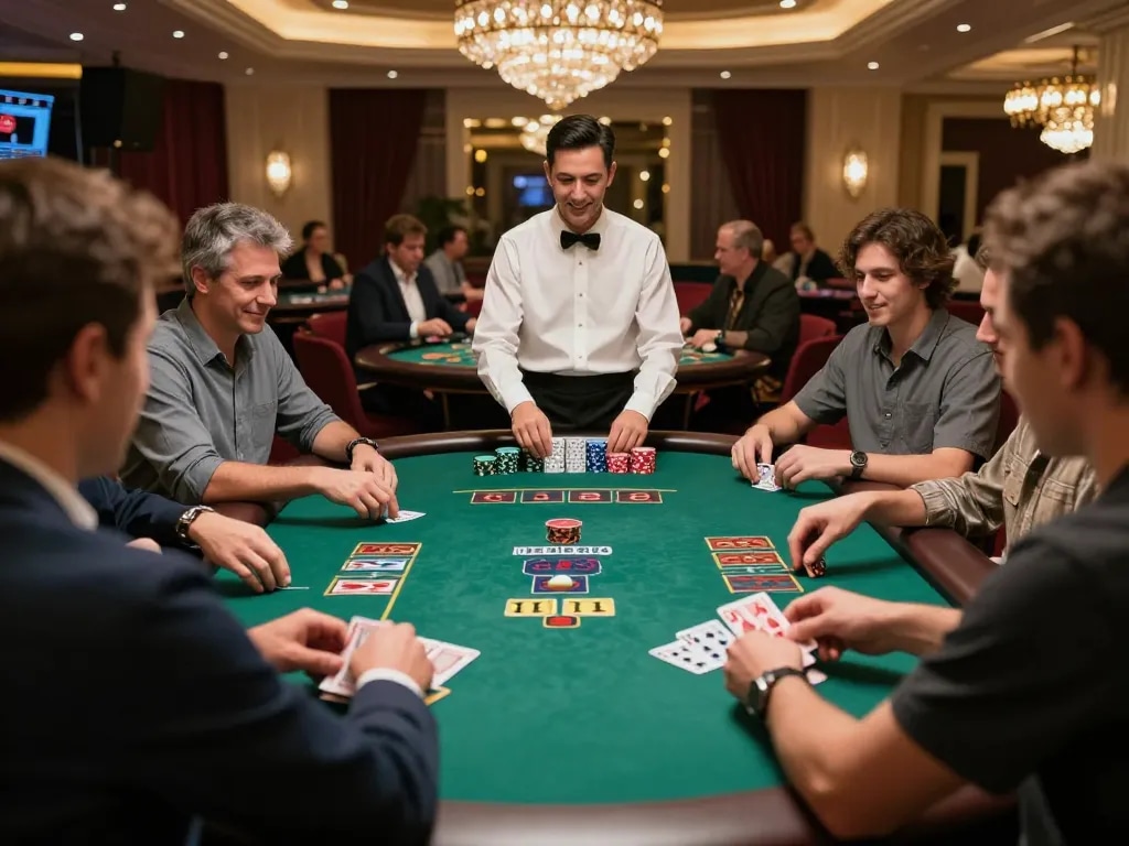 Intense blackjack action at 9bet casino with players strategizing their bets