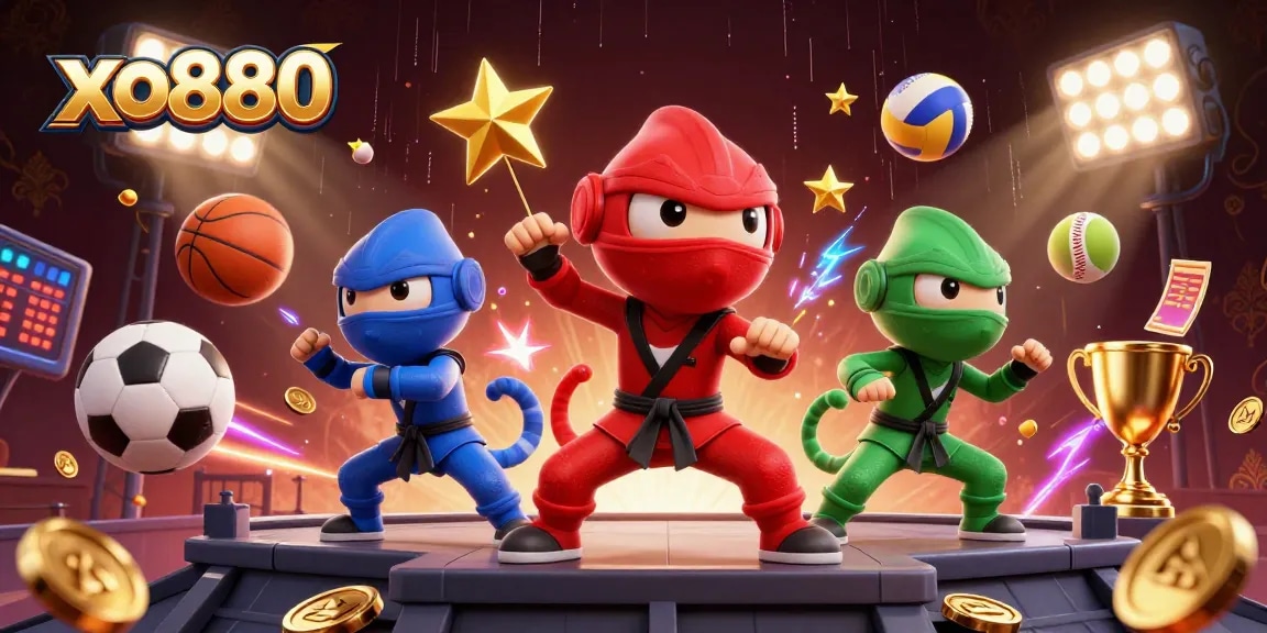 xo880 showcases a dynamic scene of ninja chameleons performing, surrounded by vibrant gambling elements.