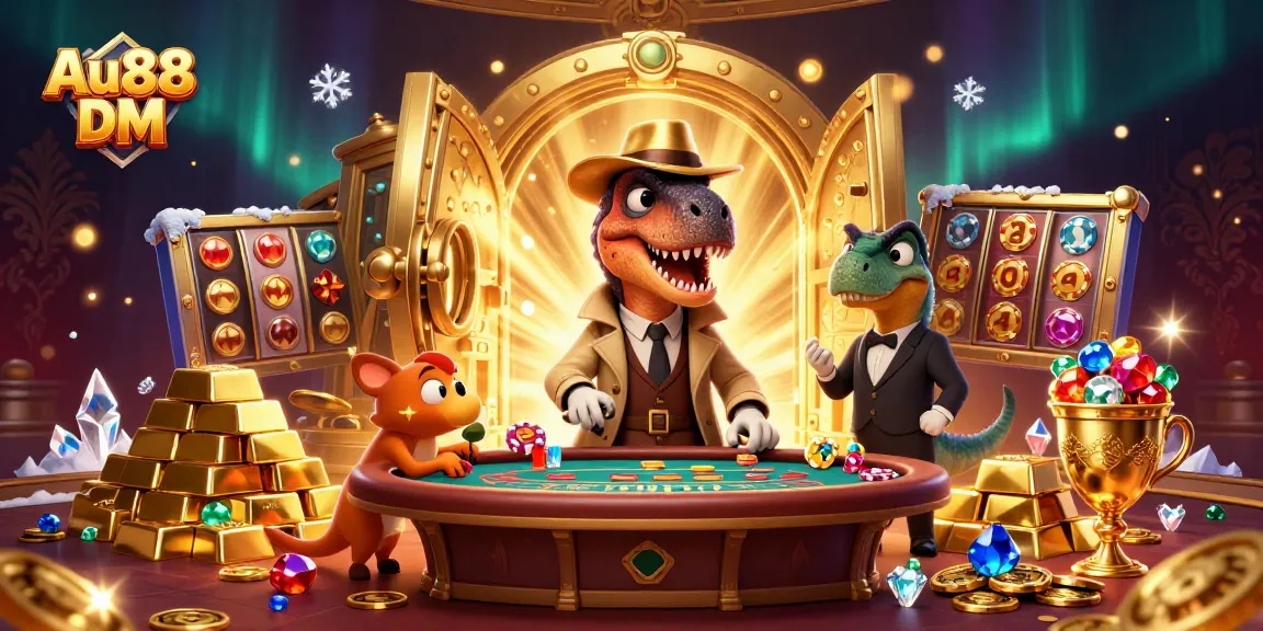 Play exciting blackjack at Au88 DM with a sneaky velociraptor at a gold-laden casino table.