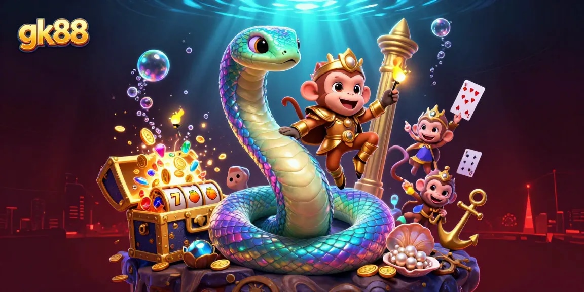 Immerse in the vibrant 3D casino world of gk88, showcasing dynamic slot reels and a playful monkey king.
