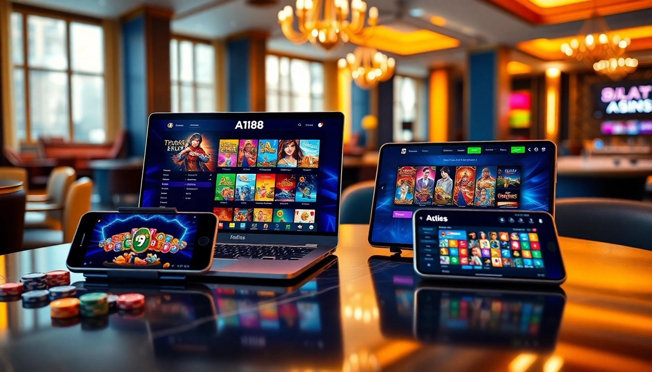 A188 online gaming interface showcasing vibrant gameplay on multiple devices.
