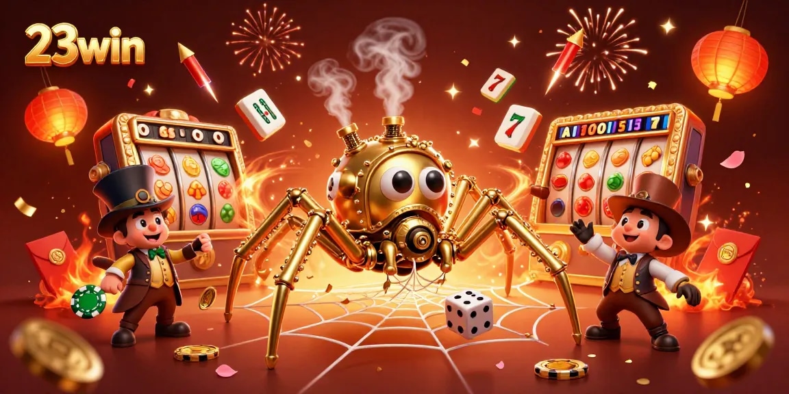 Experience thrilling gaming with 23win's vibrant slot reels and dynamic casino illustrations.