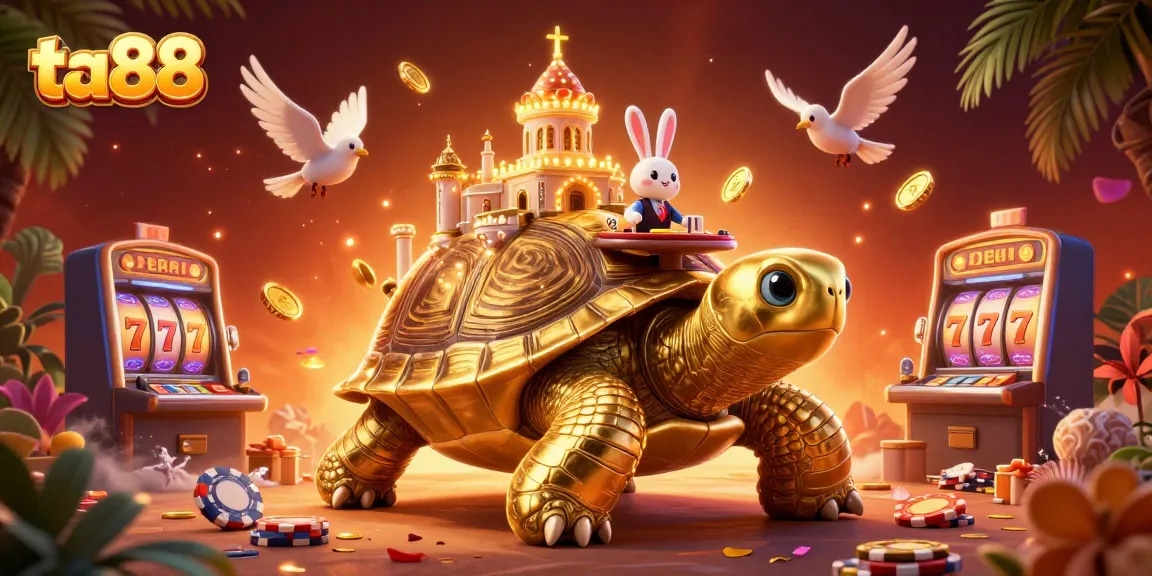 Play slots at ta88 with a golden tortoise casino, accompanied by a rabbit dealer and flying coins.